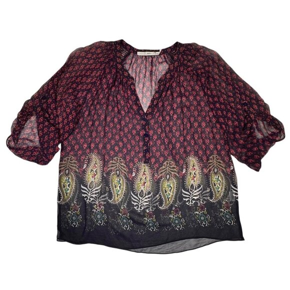 Whimsigoth Blouse Sz.L 100% Silk Printed Paisley Sheer Peasant Festival Boho - Picture 1 of 11